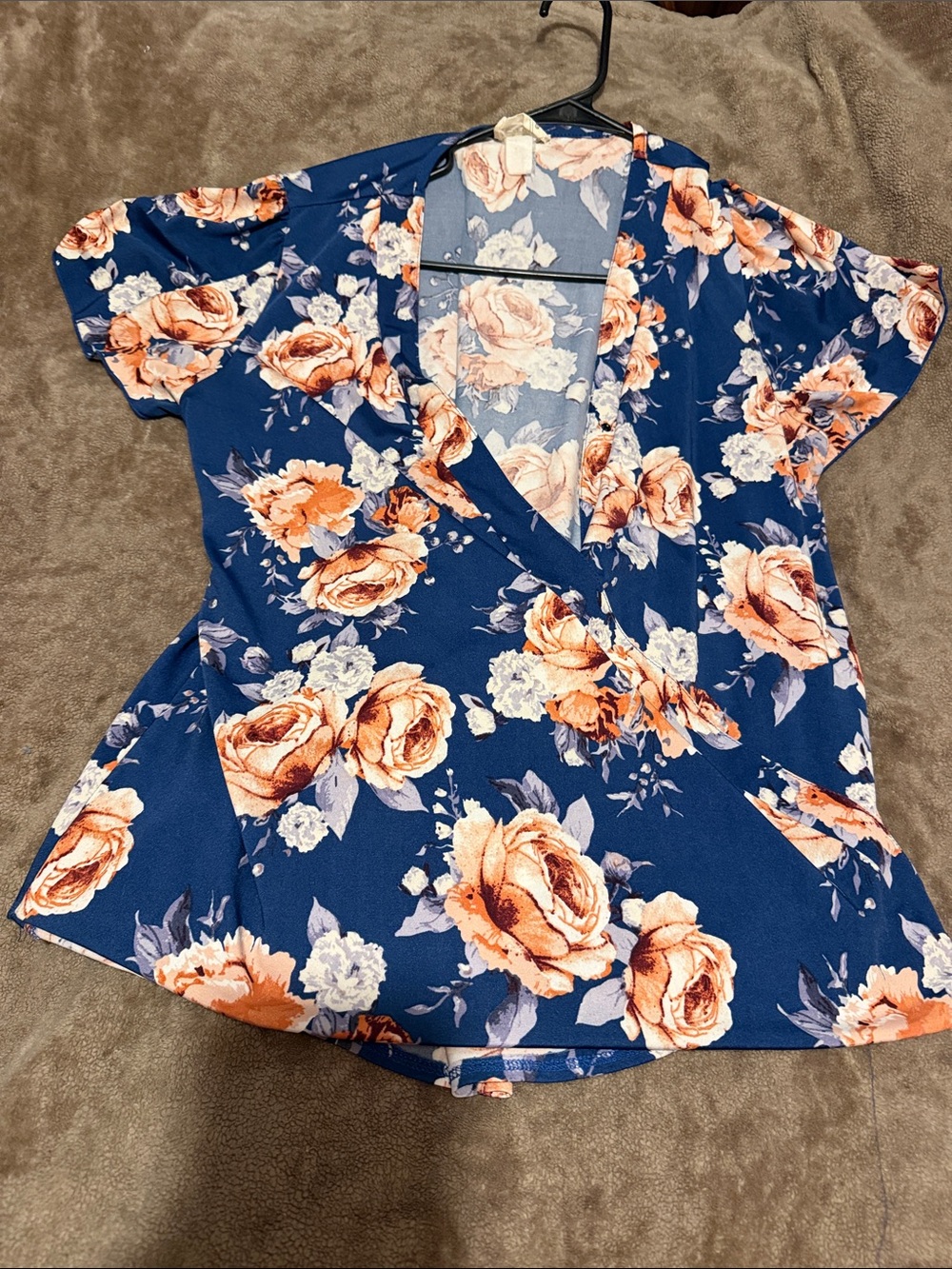 Carol Rose Navy Wrap Blouse with Peach Floral Print